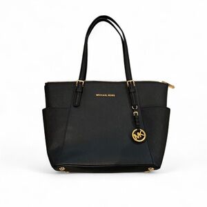 Michael Kors Black Jet Set Large Saffiano Leather Shoulder Bag Tote Black Gold